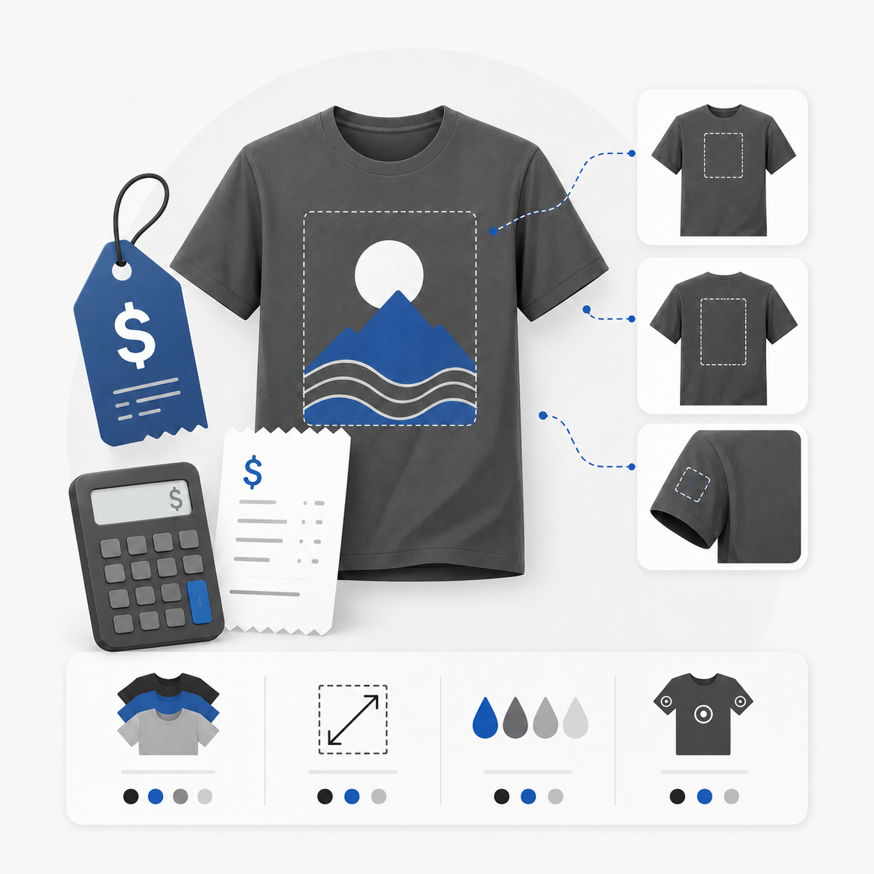 Grafisk oversigt over priser på T-shirts med tryk og faktorer som antal, trykstørrelse, farver og placering.
